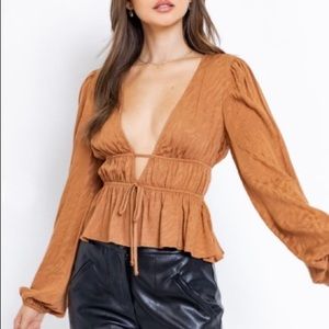 Camel long sleeve deep V neck top